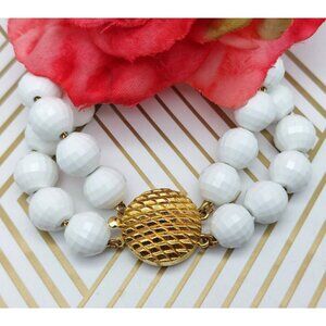 Vintage BRACELET Monet Double Strand Lucite White Beaded Gold Tone Clasp 7"